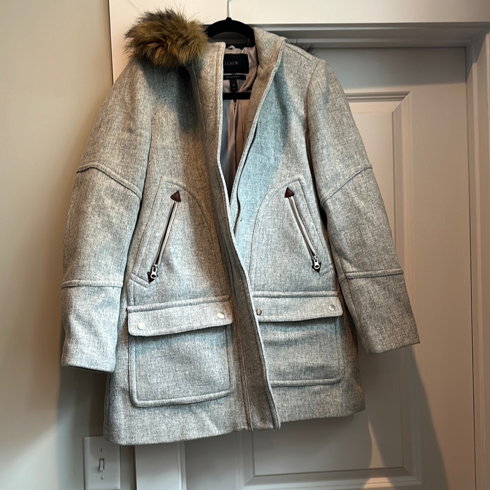 J Crew Gray Puffer Jacket with Fur-Trimmed Hood